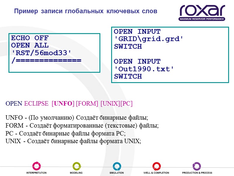 Пример записи глобальных ключевых слов ECHO OFF OPEN ALL 'RST/56mod33' /==============  OPEN INPUT